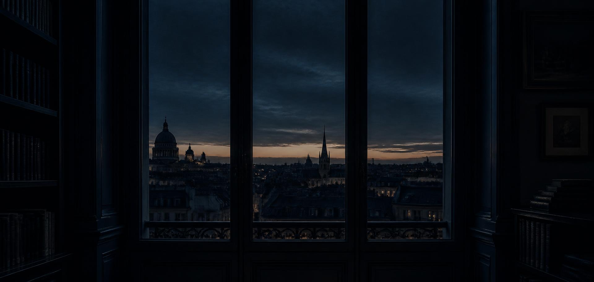 Vista de uma cidade europeia ao crepúsculo a partir de uma biblioteca privada